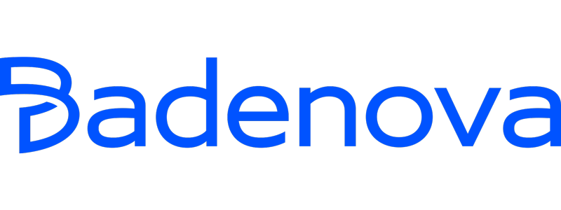 Logo von Badenova in blauer Schrift auf schwarzem Hintergrund, ein Energieversorgungsunternehmen.