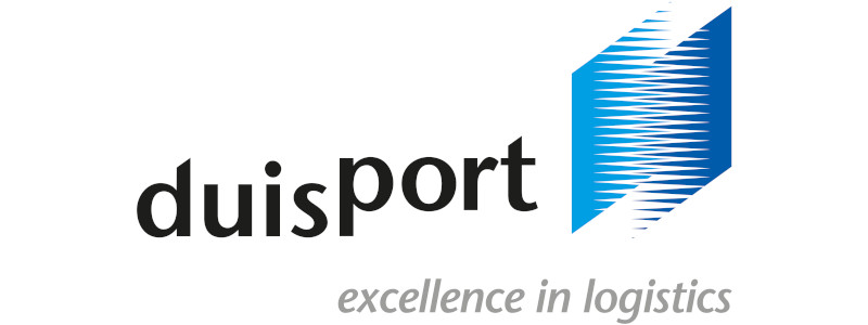 The duisport logo features black lettering with blue graphic elements, alongside the slogan 'excellence in logistics'.
