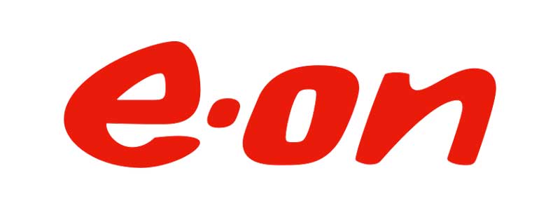 Das Logo von e.on in kräftigem Rot, mit einer modernen, verspielten Schriftart.