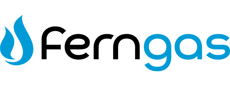 Logo von Ferngas mit blauem Flammensymbol links und dem Schriftzug 'ferngas' in Schwarz und Blau.
