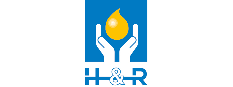 Logo mit blauem Hintergrund, gelbem Tropfen und Händen, die ihn halten, mit den Buchstaben H und R.