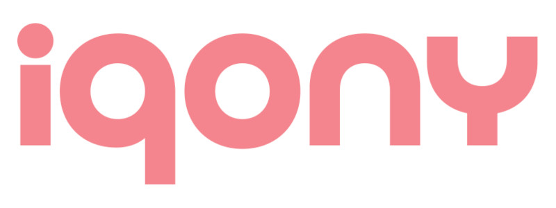 The image displays the iqony logo in pink font on a white background.