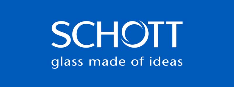 Logo der Firma SCHOTT auf blauem Hintergrund, darunter steht: 'Glas aus Ideen'.