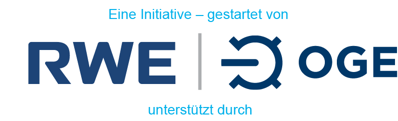 Der Schriftzug 'Eine Initiative - gestartet von'. Darunter die Logos von RWE und OGE und der Schriftzug 'unterstützt durch'. 