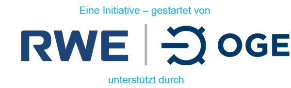 Der Schriftzug 'Eine Initiative - gestartet von'. Darunter die Logos von RWE und OGE und der Schriftzug 'unterstützt durch'.