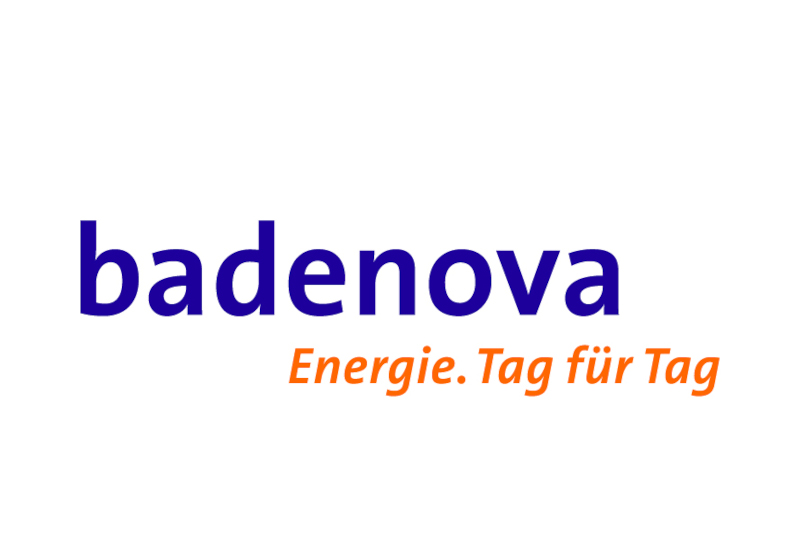 Logo of badenova in blue text, with the slogan 'Energy. Day by Day' in orange.