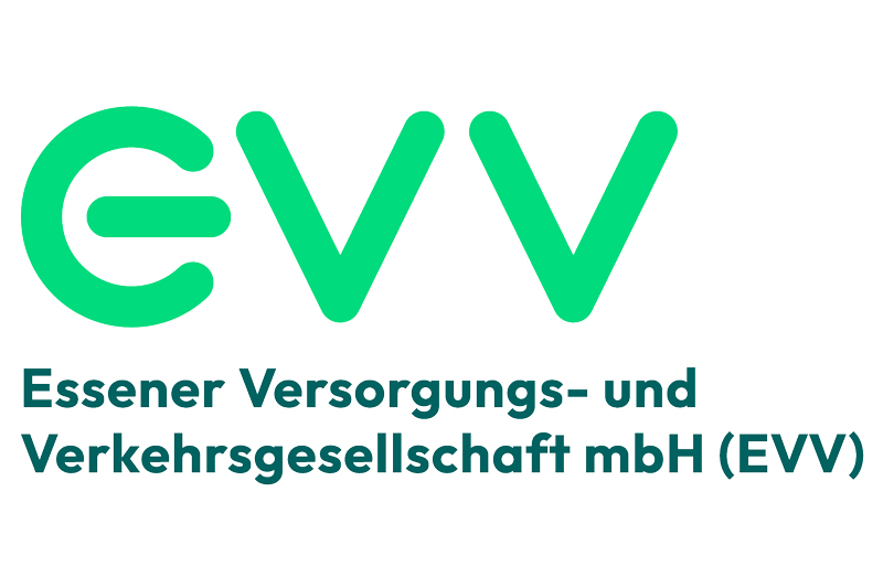 Logo of Essener Versorgungs- und Verkehrsgesellschaft mbH (EVV) in green and blue, featuring a modern typeface.