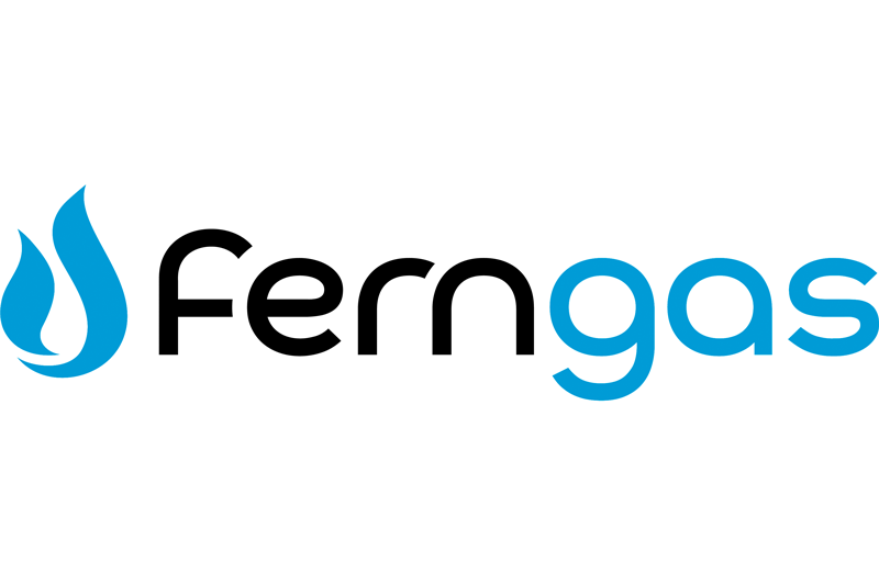 Logo von Ferngas mit stilisierter blauer Flamme links und schwarzer sowie blauer Schrift auf weissem Hintergrund.