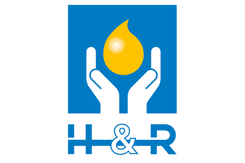 H&R logo featuring two hands holding a yellow droplet shape against a blue background.