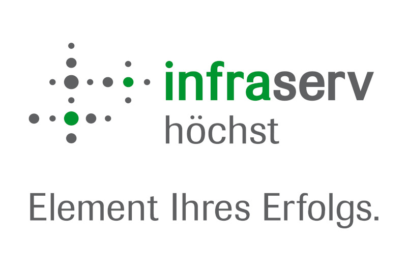 Logo of infraServ Höchst featuring a grey and green graphic pattern, with the slogan 'Element of your success.