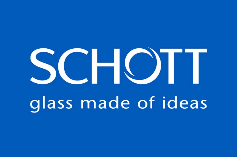 SCHOTT logo with the slogan 'glass made of ideas' on a blue background.