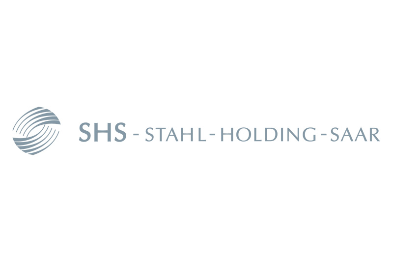 The logo of SHS - STAHl - HOLDING - SAAR, styled with curved lines and a modern font.