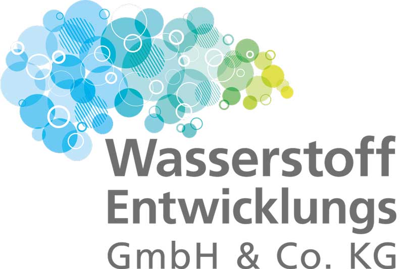 Logo of 'Wasserstoff Entwicklungs GmbH & Co. KG' featuring colourful circular patterns in blue and green.