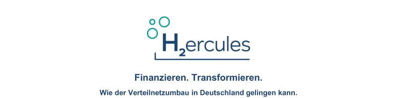 H2ercules Logo mit dem Slogan Finanzieren. Transformieren. Erklärung zur Transformation und Finanzierung des Verteilnetzausbaus in Deutschland 2024.
