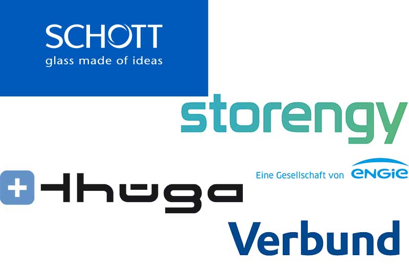 The image displays the logos of SCHOTT, storengy, HugA, and Verbund on a white background.