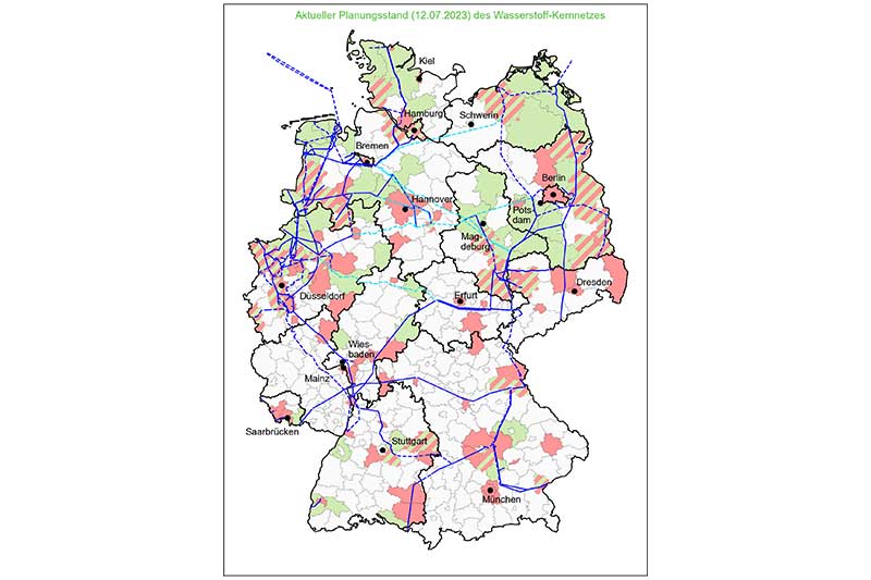 Map of Germany showing hydrogen planning status with coloured regions and blue connection lines.