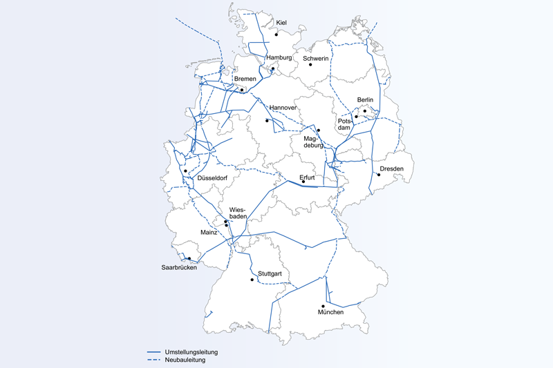 A map of Germany featuring blue lines indicating transport connections, including diversion and new construction routes.