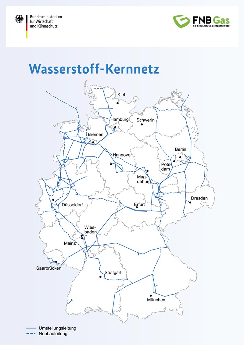Karte des Wasserstoff-Kernnetzwerks in Deutschland mit blauen Leitungen für Umstellungs- und Neubauleitungen.