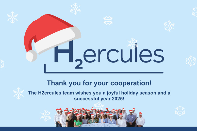 The H2ercules team in Santa hats wishes you a joyful holiday season and a successful year 2025 against a snowy background.